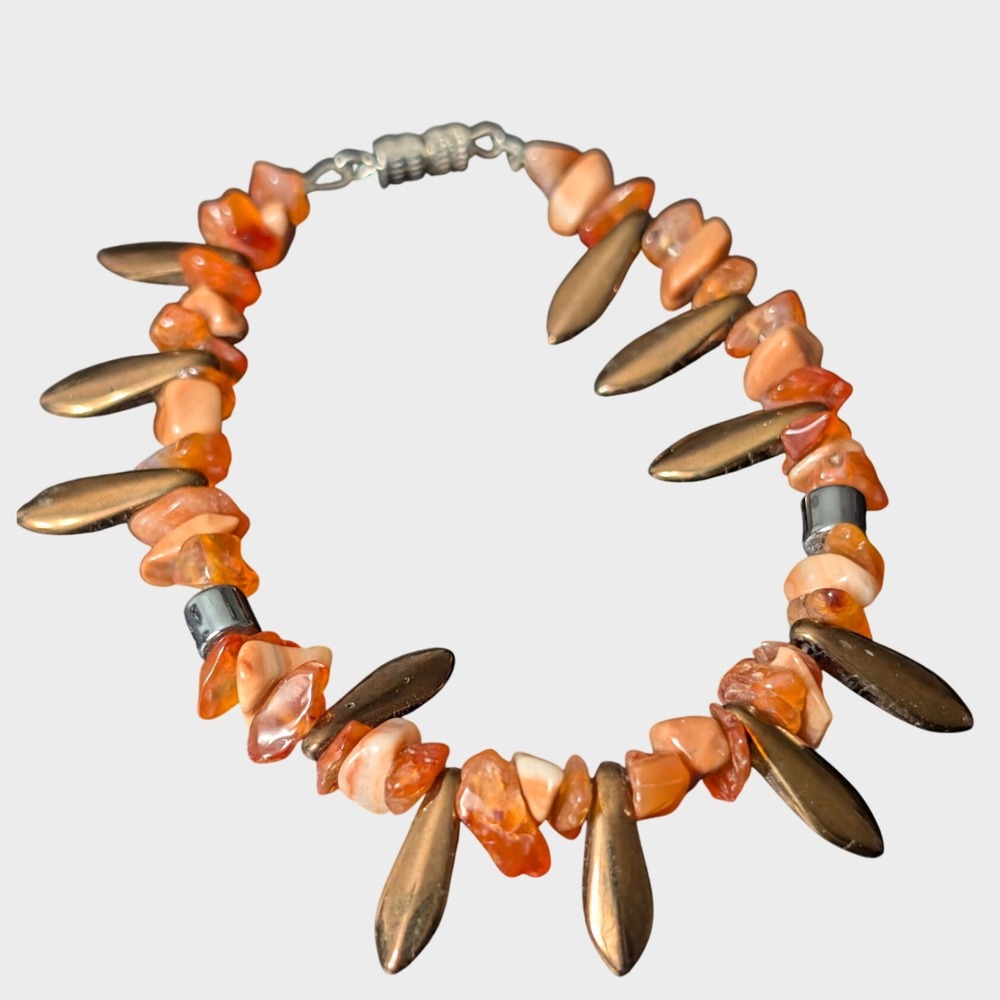 Vintage Orange Bracelet Agate Glass Beaded Barrel Clasp Boho Petal Charms